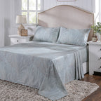 Classical Ornate Baroque Feathering Bed Sheet with Pillow Case Blue