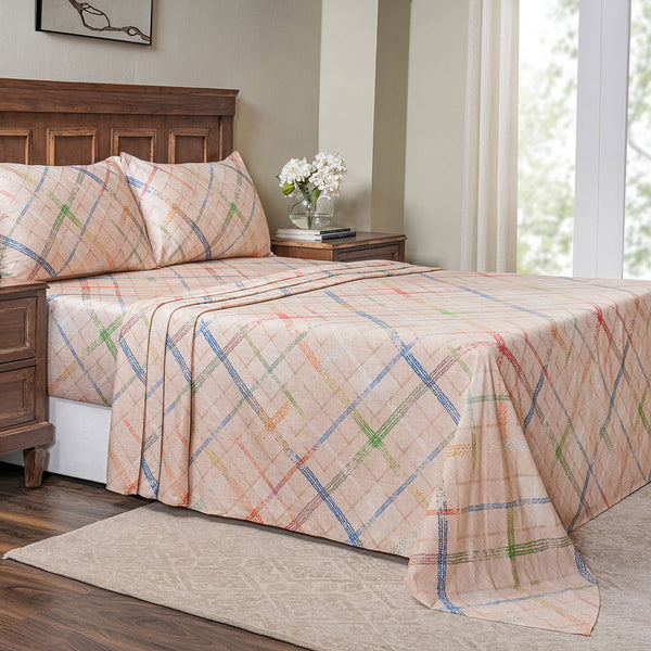 Eclectic Geo Rhombus Digital Print 100% Cotton Beige Bed Sheet with Pillow Case
