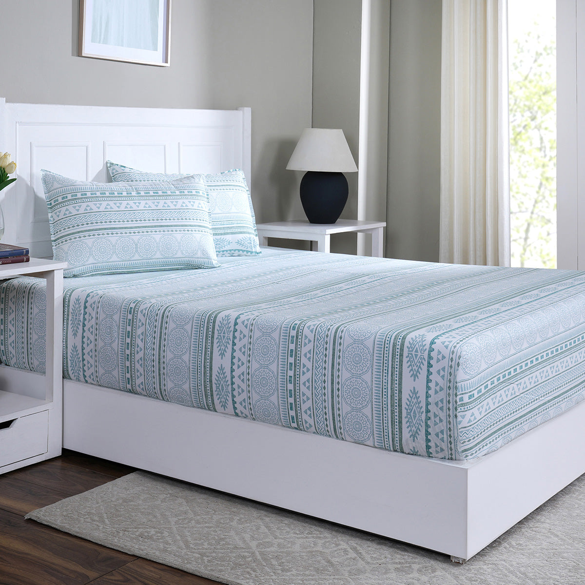 Hermosa Sensory Bloom Allegra 100% Cotton Printed Fitted Sheet with Pillow Case Blue