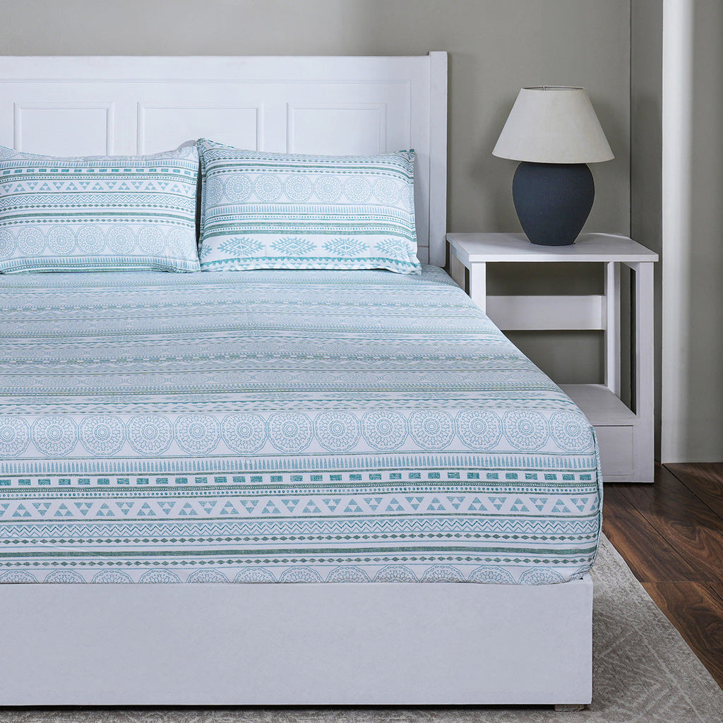Hermosa Sensory Bloom Allegra 100% Cotton Printed Fitted Sheet with Pillow Case Blue
