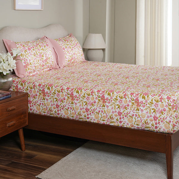 Sensory Bloom Zesty 100% Cotton Pink Fitted Sheet with Pillow Case