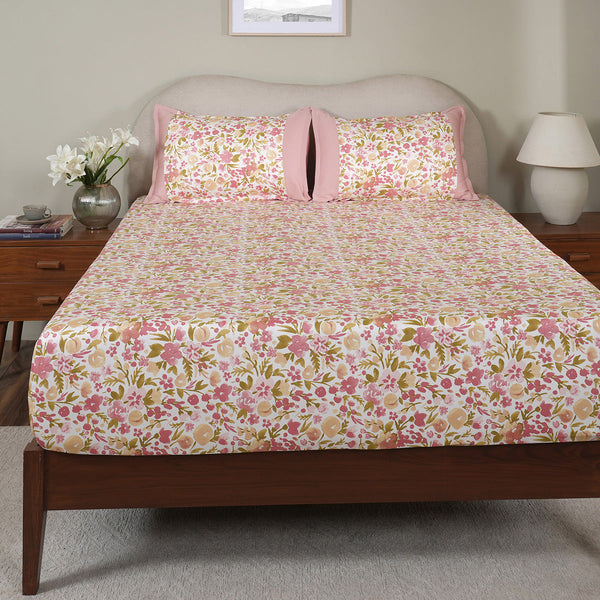 Sensory Bloom Zesty 100% Cotton Pink Fitted Sheet with Pillow Case
