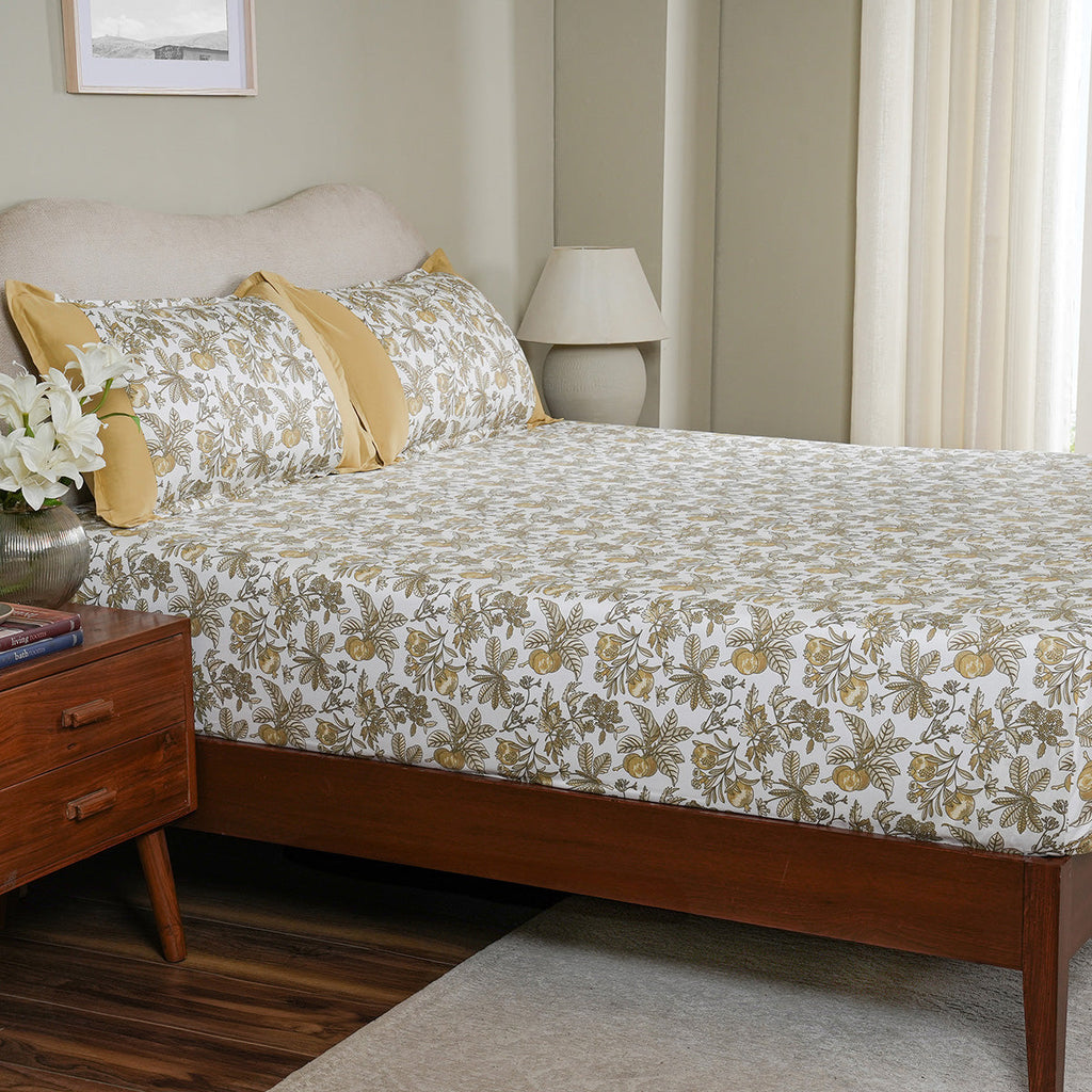Sensory Bloom Fruity Foliage 100% Cotton Mustard Fitted Sheet with Pillow Case