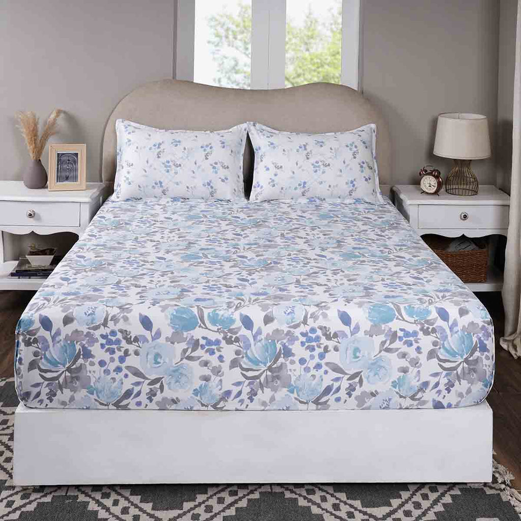 Sensory Bloom Florencia 100% Cotton Blue Fitted Sheet with Pillow Case