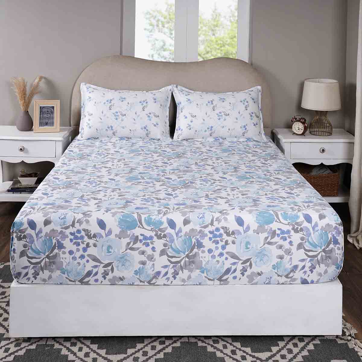 Sensory Bloom Florencia 100% Cotton Blue Fitted Sheet with Pillow Case