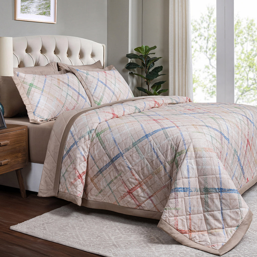 Eclectic Geo Rhombus Quilt/Quilted Bed Cover Beige
